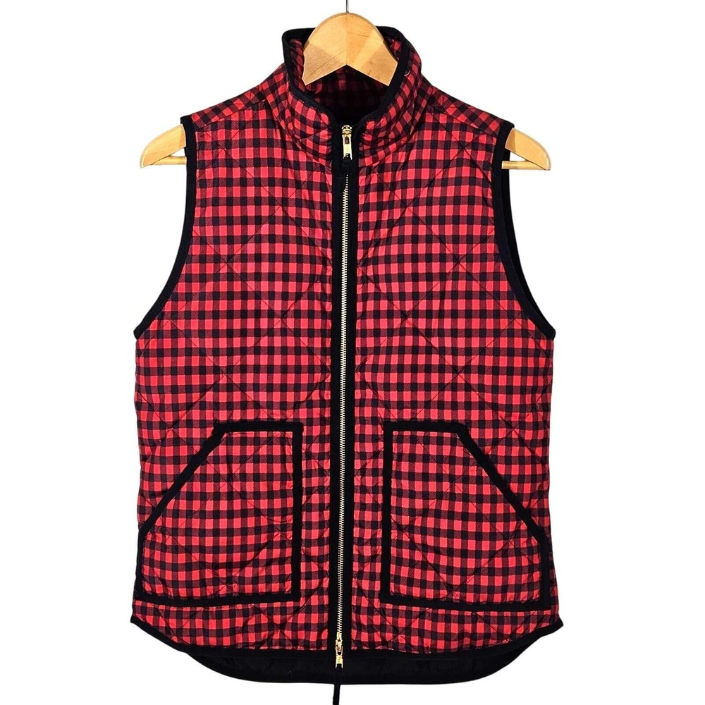 J CREW Womens XS Down Filled Excursion Vest Red Buffalo‎ Plaid Outdoors Classic